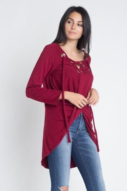 Langarm Damen Top mit Schnürung, Wickeloptik, Burgundy